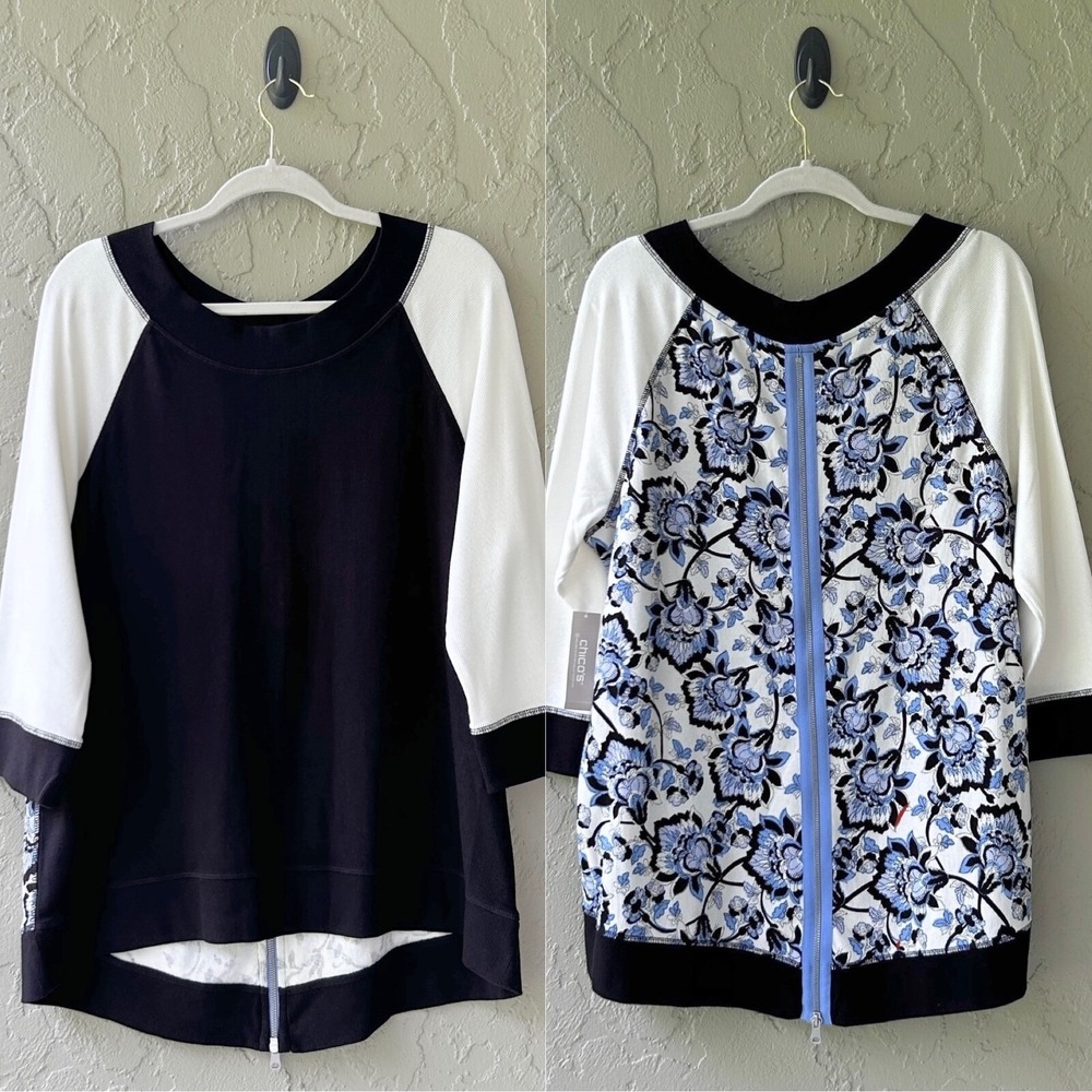 Chico's Zenergy Women Size 3 Black Multi XL Floral Zip Back 3/4 Sleeve Tunic NWT